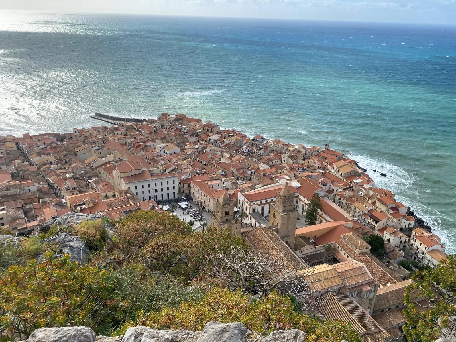 Panoramic view of Cefalù old town and coast from the La Rocca summit