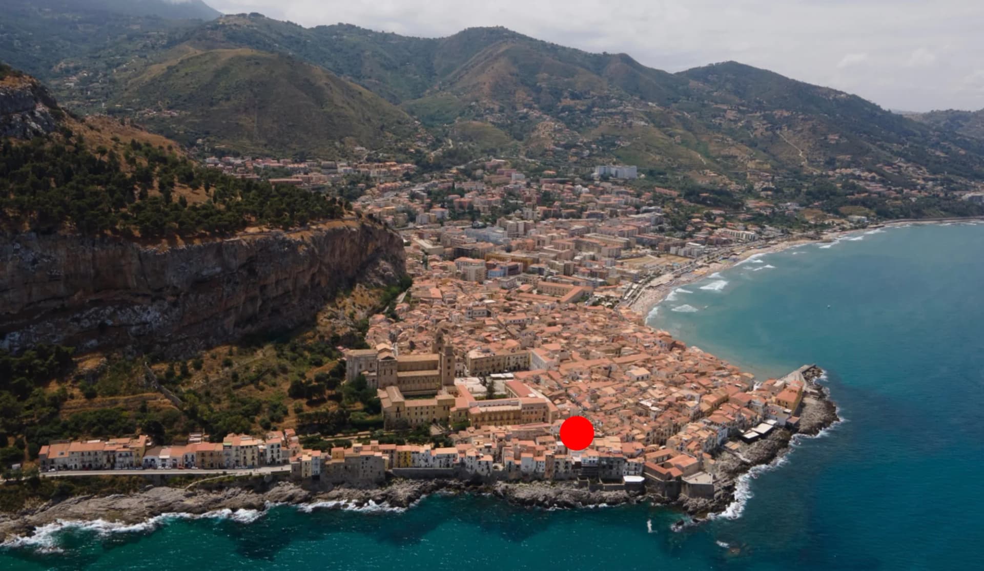 Aerial of Cefalù with The Lavender Townhouse marked in the heart of the old town